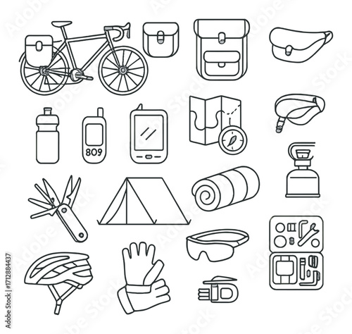 Cycling and camping gear icons: essentials for outdoor adventures
