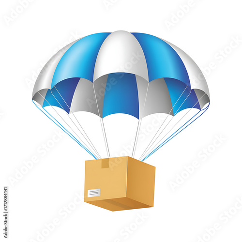 Delivery box dropped by blue and white parachute