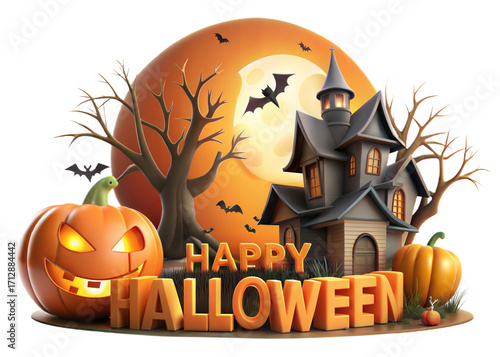 Spooky happy halloween scene with jack-o-lantern haunted house bats and full moon