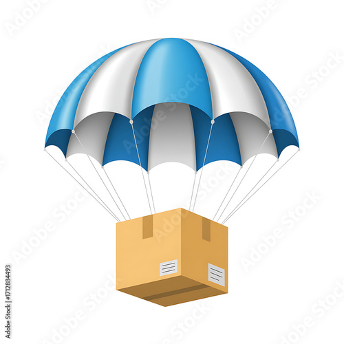 Cardboard delivery box falling with a blue and white parachute
