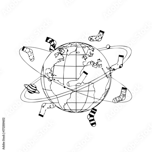 Whimsical Black and White Illustration of Earth Orbited by Socks in Orbit.