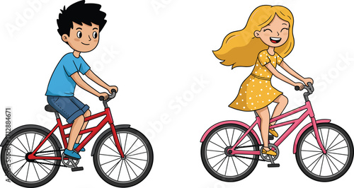 Happy kids riding bicycles, boy and girl cycling, outdoor activity, healthy lifestyle, childhood fun, exercise, summer day, playful children, kids enjoying bike ride, active kids outdoors.