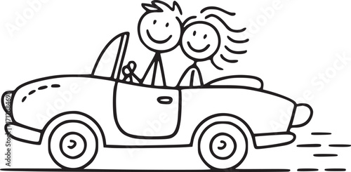 Joyride: A simple illustration capturing the joyous ride of a couple in a convertible, filled with smiles and the open road ahead.