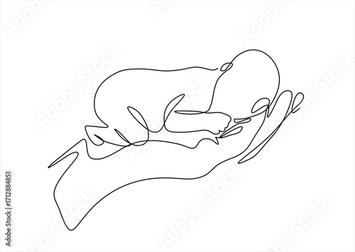 Continuous one line drawing of small premature baby lies on the palm of his hand. Premature birth. World Prematurity Day. Hand drawn one line vector. Editable stroke