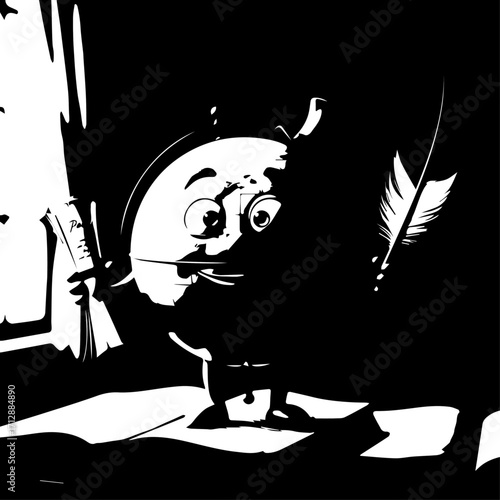 Whimsical Cartoon Clock Character with Wide Eyes and Quill Pen, Writing.