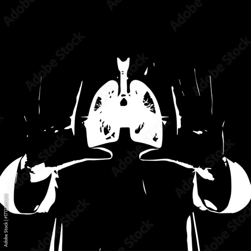 White Anatomical Illustration of Human Lungs and Respiratory System on Black Background.