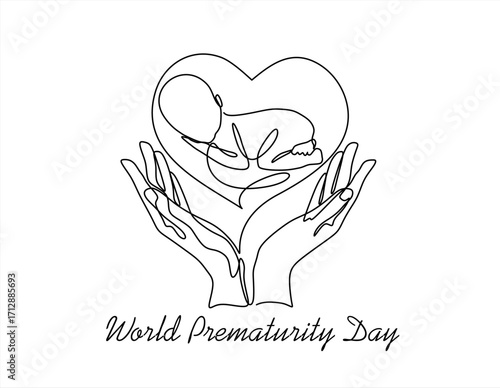 Continuous one line drawing of hands hold a prematurity baby. Concept of protect child, save child. World prematurity day. Hand drawn one line vector. Editable stroke