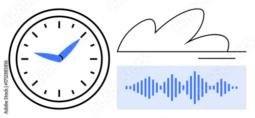 Analog clock, abstract cloud, and soundwave visualizing time tracking, technology, audio processing, cloud storage, digital media, communication and innovation. Ideal for technology metaphors