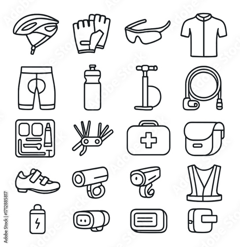 Comprehensive cycling gear icons collection featuring helmets, tools, and accessories