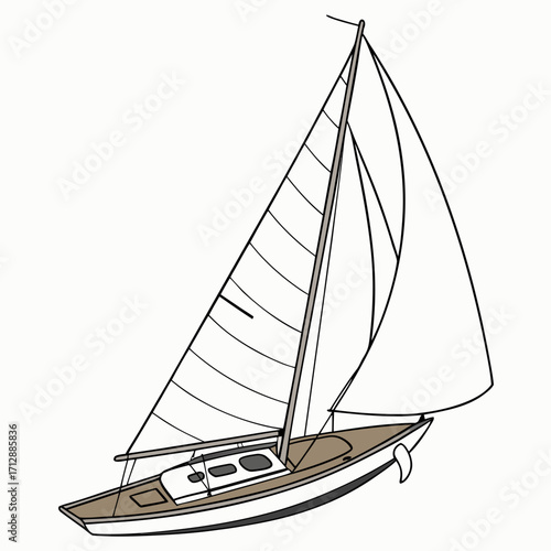 A simple line drawing illustration of a sailboat with white sails and a brown hull on a white background