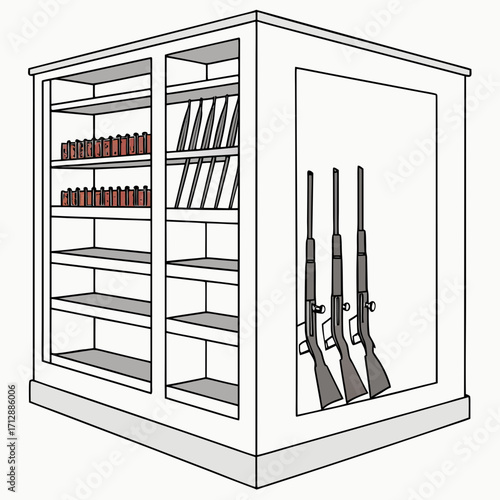 Illustration of a vintage wooden cabinet displaying rifles and ammunition on shelves for secure storage