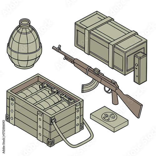 Isometric illustration of a vintage military weapon crate with rifle grenades and ammunition box