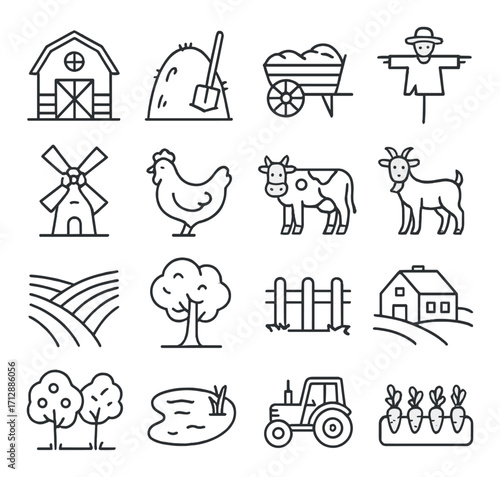 Farm icon set: barn, animals, tractor, scarecrow, crops