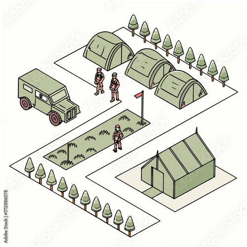 Isometric military camp illustration with tents soldiers and a vehicle in a stylized cartoon drawing