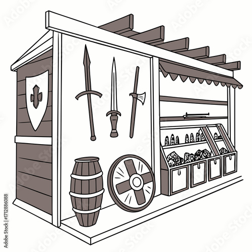Medieval market stall displaying swords axes shields and barrels with goods for sale