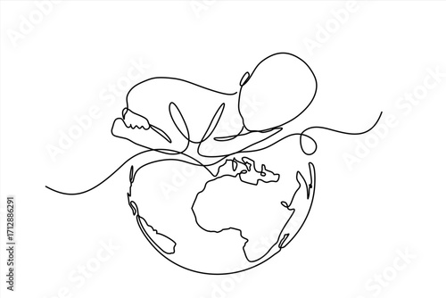Continuous one line drawing of small premature baby sleeping on the globe World Prematurity Day.  Hand drawn one line vector. Editable stroke