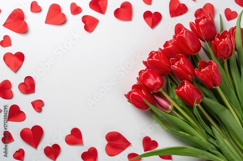 Red tulip bouquet with heart decorations on a white backdrop. Seasonal spring theme. Greeting card for love and appreciation occasions. Overhead perspective with space for text.