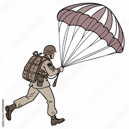 Soldier in uniform with backpack and helmet running with a deployed parachute overhead