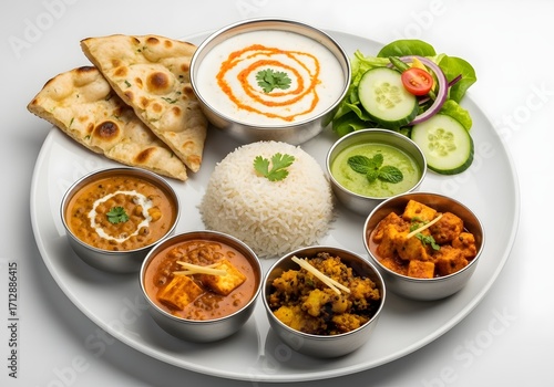 Indian thali meal with various curries, rice, naan, and salad