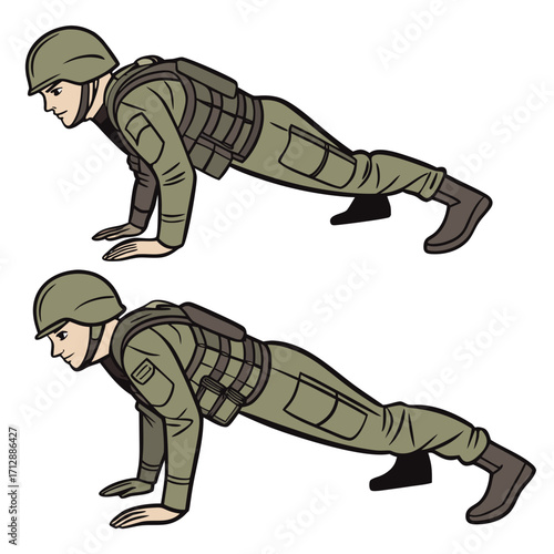 Soldier performing push ups in two different positions demonstrating exercise and military training