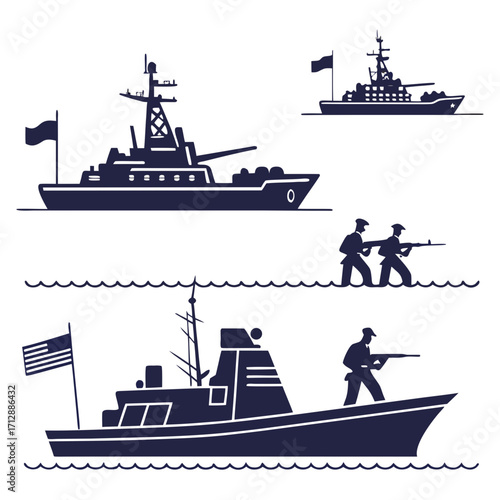 Silhouette illustrations of naval warships and soldiers in uniform with rifles on water