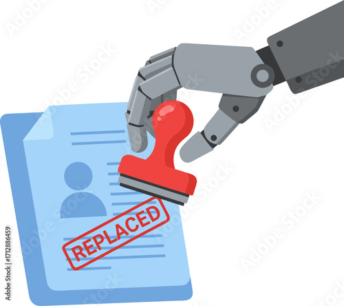 A robotic hand places a "Replaced" stamp on an employee's personal file. The concept of dismissal, unemployment, and replacing people with code, artificial intelligence, and automation.
