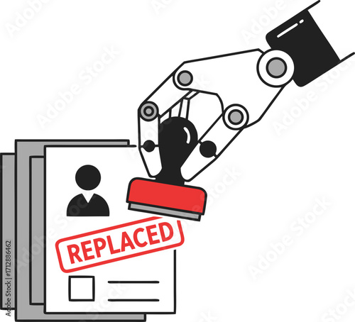 A robotic hand places a "Replaced" stamp on an employee's personal file. The concept of dismissal, unemployment, and replacing people with code, artificial intelligence, and automation.