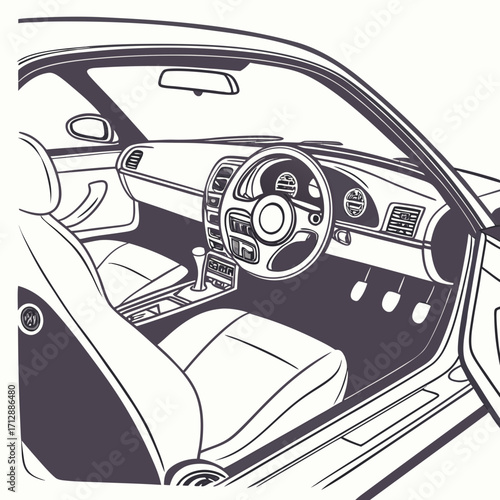 Stylish line art illustration of a modern car interior featuring a steering wheel and dashboard