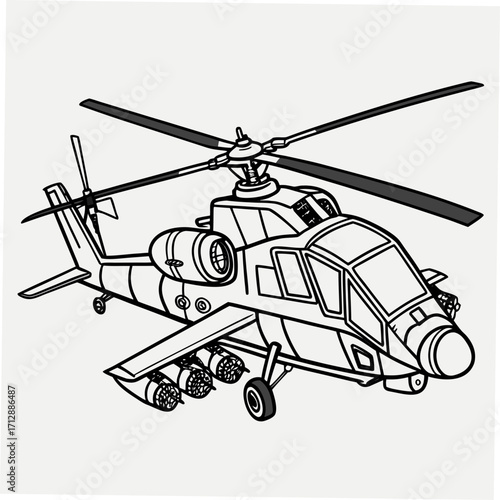 Stylized black and white illustration of a modern attack helicopter with rotors and weaponry