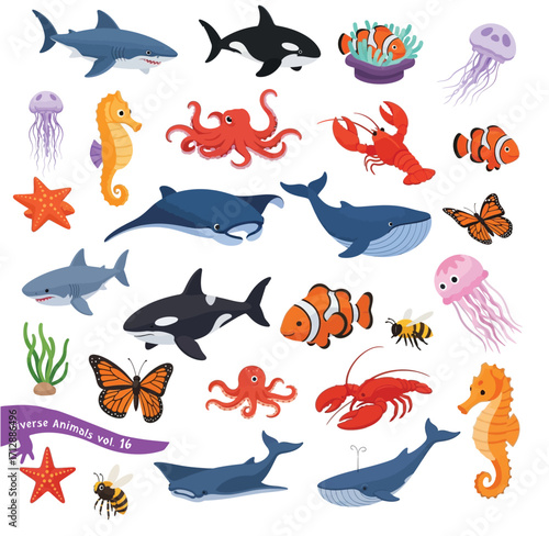 vector illustration of diverse Animals.Shark, orca, clownfish, lobster, jellyfish, seahorse, octopus, whale, manta ray, starfish, butterfly, bee,  isolated on plain background
