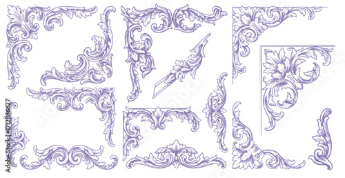 baroque victorian frame border illustration vintage floral ornament vector line art hand drawn set collection