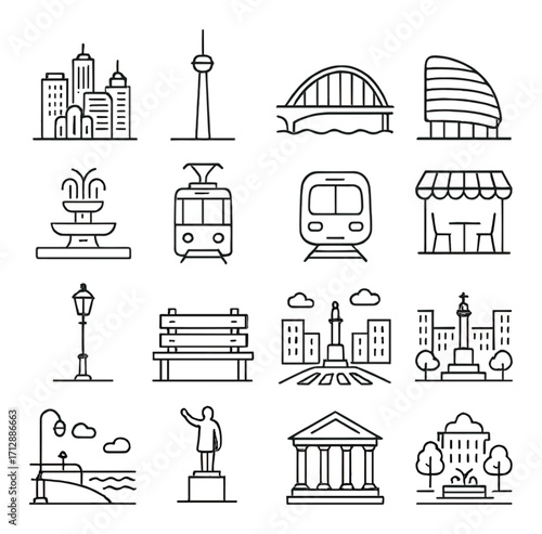 Minimalist cityscape icons featuring architecture, transportation, and urban elements