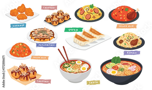 Fast food. gyoza, karaage, takoyaki, okonomiyaki, laksa, biryani, jollof rice. Flat vector illustrations isolated on a white background