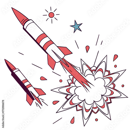 Two cartoon rockets launching into space with a star and sun in the background and an explosion effect