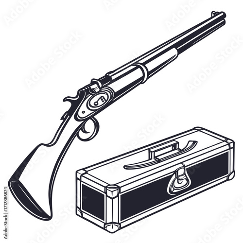 Vintage hunting rifle and its protective case depicted in a classic black and white line art illustration
