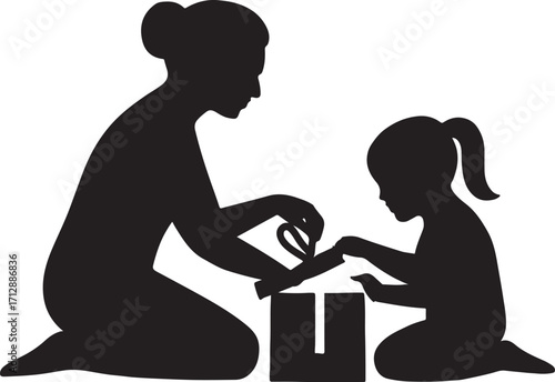 Mother and daughter open gift box silhouette illustration