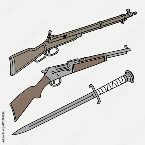 Vintage rifle and bayonet collection illustration on a light background