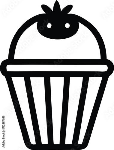 Whimsical black and white cupcake icon simple dessert treat food graphic for baking and sweet enjoyment
