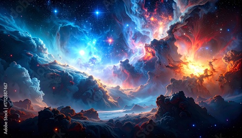 A vibrant, otherworldly landscape of swirling nebulae and celestial bodies.