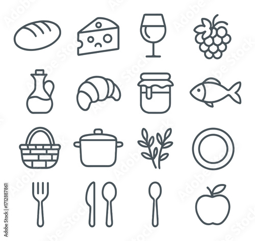 Food and drink icons featuring bread, cheese, wine, and more