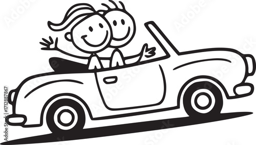 Joyride: Stick figures of a joyful couple enjoying a convertible ride on a sunny day, depicting freedom, happiness, and the thrill of the open road.