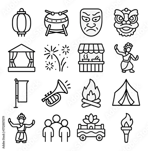 Festival icon set: lantern, drums, masks, dance, fireworks, campfire, flag, tent
