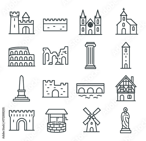 Outline icons of historic structures: castles, churches, ruins, towers, and monuments