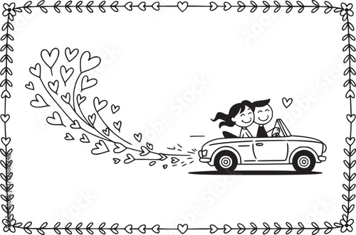 Love on the Road: A cartoon illustration capturing the joyous journey of love as a couple embarks on their adventure in a classic car, hearts trailing behind them in a symbol of affection.