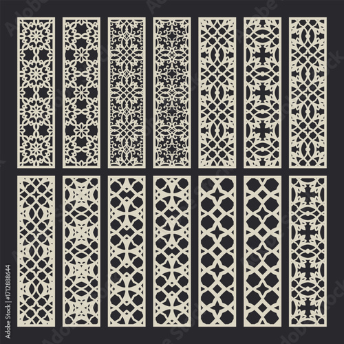 Laser cut decorative panel collection long panels 1x4 featuring ornamental filigree for decorative panel usage
