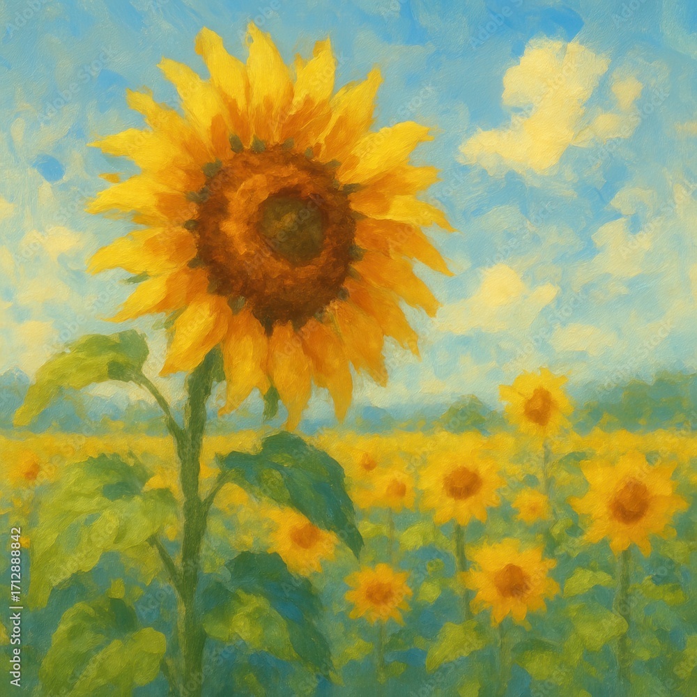 Obraz premium Bright Sunflower Painting in a Colorful Summer Field with Blue Sky