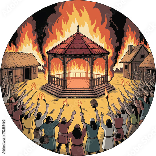 Ancient crowd with torches setting a wooden gazebo on fire in a village people villagers