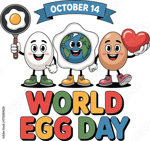 Cartoon eggs celebrating World Egg Day with Earth and heart on white background Keywords: egg, world egg day, october 14, celebration, cartoon