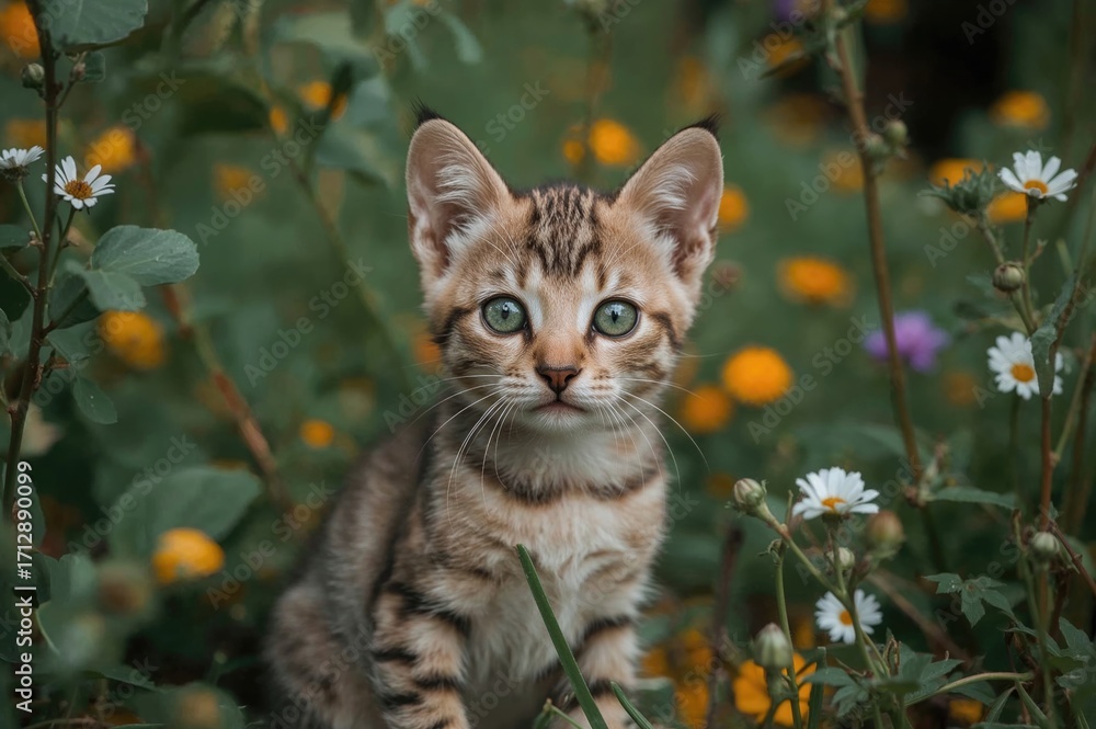 Obraz premium A small silver-spotted Bengal kitten on the prowl