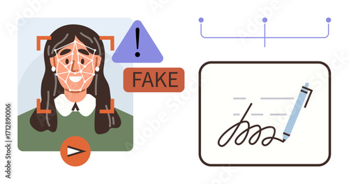 Facial analysis identifying fake identity with warning and digital pen verifying a signature. Ideal for security, fraud detection, identity verification, authentication, biometrics, artificial